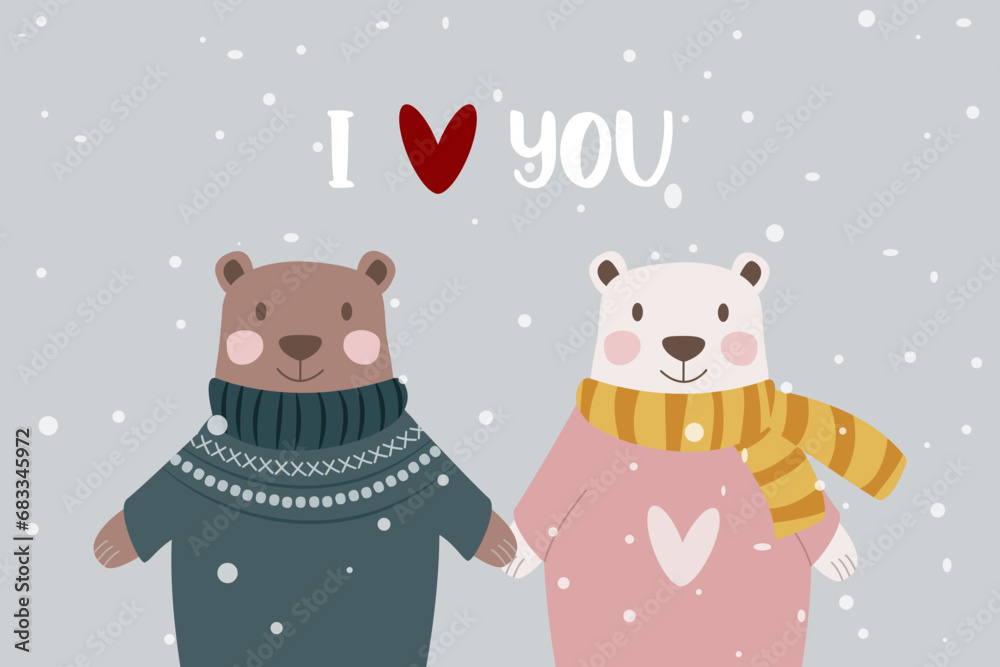 Christmas greeting card with couple of polar bears in love. Winter decorative design element