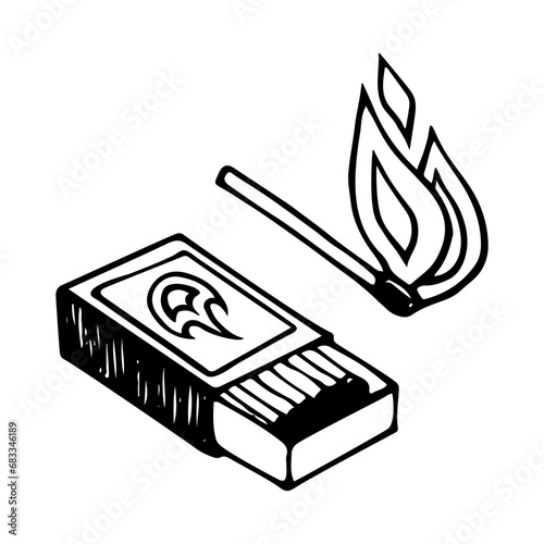 Matchbox sketch. Making fire. Incendiary device. Hand drawn illustration.