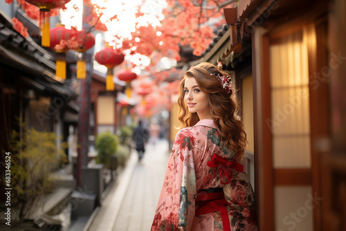 Young traveler woman wearing japanese traditional kimono enjoying beautiful Autumn foliage