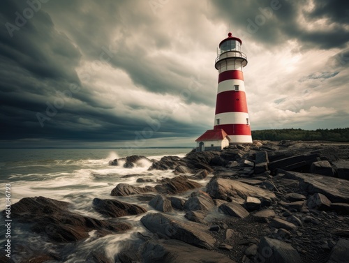 Coastal landscape with a classic, red-and-white striped lighthouse against a stormy sky