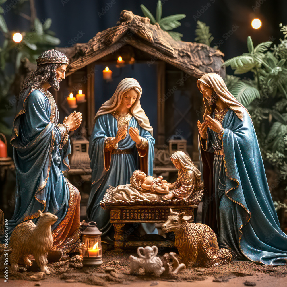 Weihnachtskrippe, Krippenszene mit Holzfiguren, Generative AI Stock