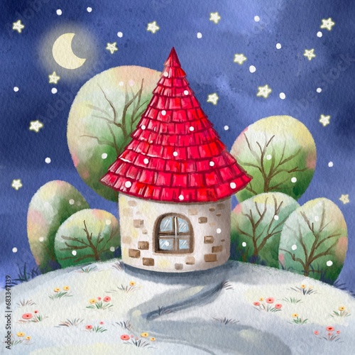 Christmas house in the snow, watercolor background.