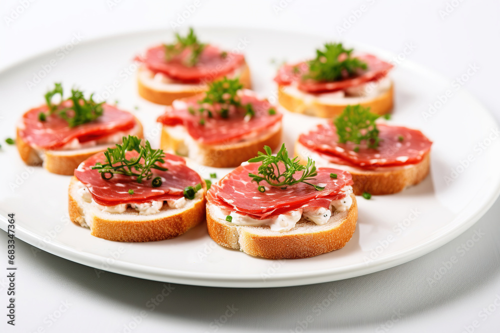 Canape with toasted baguette, salami on light background