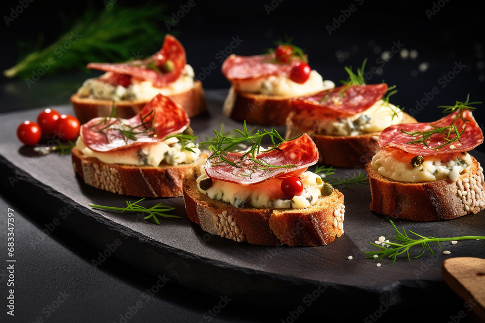 Canape with toasted baguette, salami on dark background