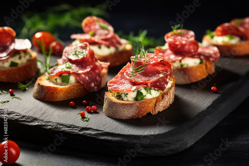 Canape with toasted baguette, salami on dark background
