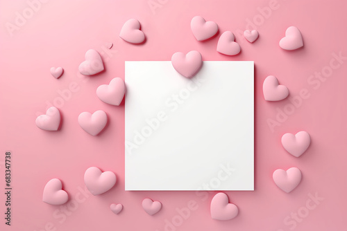 Cute pink Valentine day card mockup with 3d hearts flat lay style and copy space