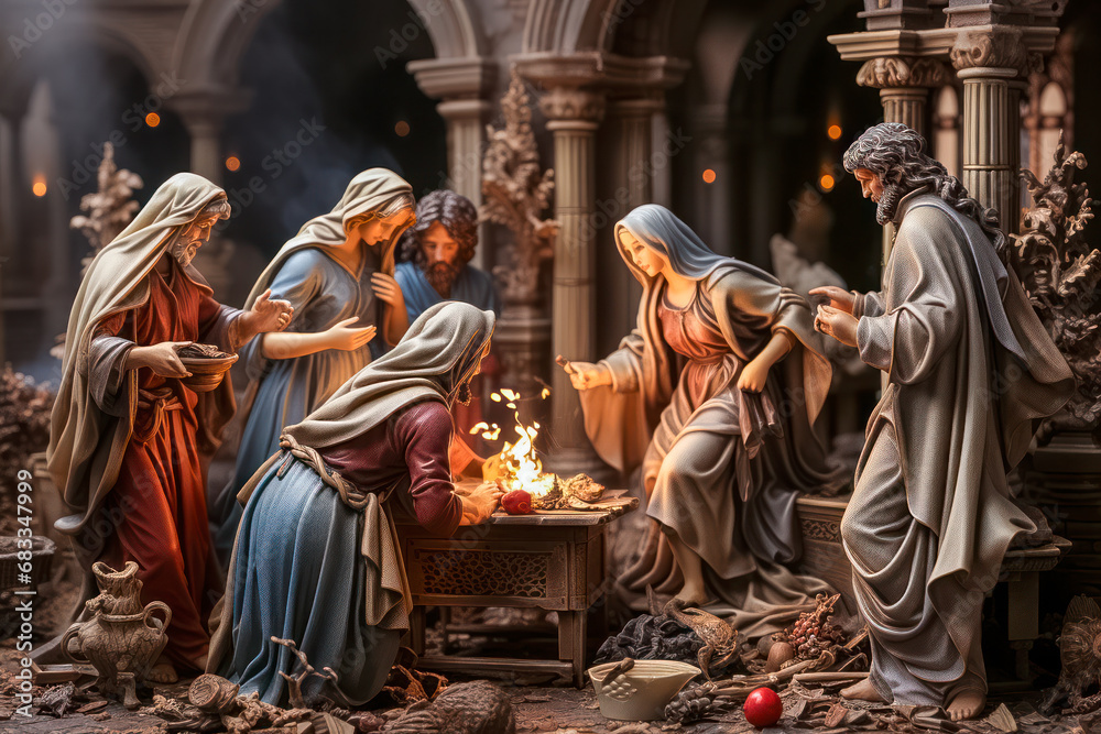 Weihnachtskrippe, Krippenszene mit Holzfiguren, Generative AI Stock