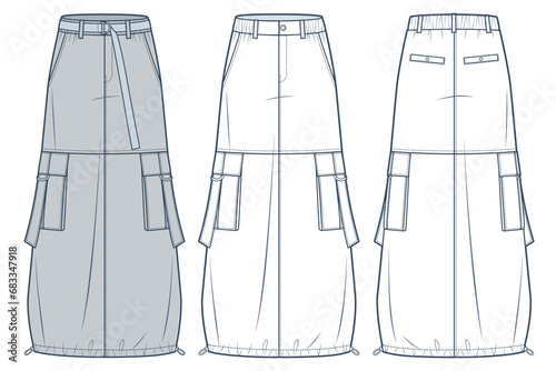 Cargo Long Skirt technical fashion illustration. A-Line Skirt fashion flat technical drawing template, pockets, drawstring hem, front and back view, white, grey, women Skirts CAD mockup set.