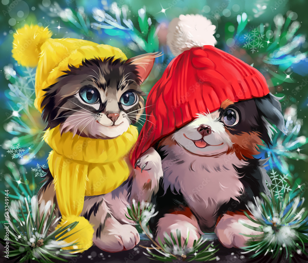 A cat in a yellow suit and a puppy in a red hat A cat in a yellow suit and a puppy in a red hat