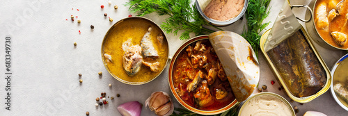 Different open tin cans with canned fish among spices and herbs, canned salmon and mackerel, sprat and sardine, tuna and herring and fish pate, banner photo