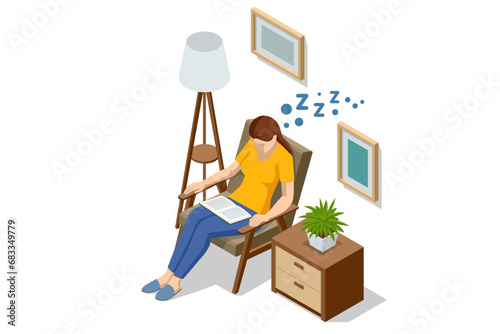 Isometric young woman fell asleep reading a book. A woman is sleeping and holding a book. Fatigue, rest, relaxation. Lifestyle education concept