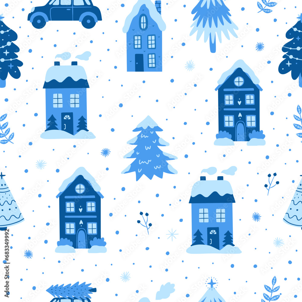 Christmas seamless pattern with cute houses and car with Christmas tree. Winter holiday vector background Christmas seamless pattern with cute houses and car with Christmas tree. Winter holiday vector background