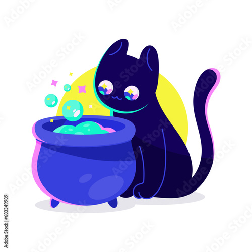 Black funny cute cartoon cat and cauldron with potion. Halloween stickers. Neon bright colors. Cool dark cartoon printable flat vector illustration for textile, fabric, wallpaper, wrapping.