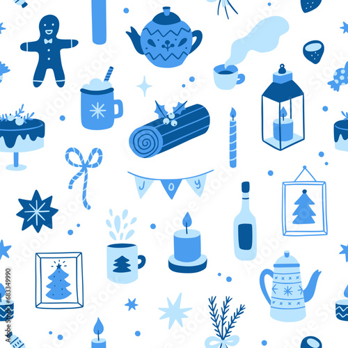 Seamless pattern with cozy winter graphics. Blue Christmas vector background. Winter seamless pattern