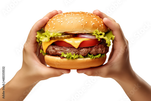 Hands holding hamburger on transparent background, png. Hand with tasty burger 