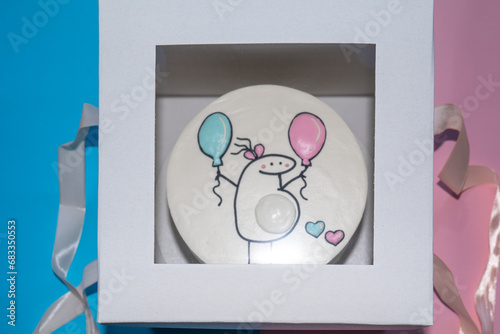 baby gender reveal cute cake print  pregnant woman with pink and blue balloons. Celebration party cake in white cover box