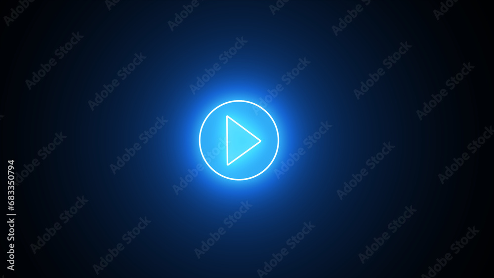 Glowing blue color play button on black background. Play right navigate triangle arrow start button. Neon glowing play button with neon circle - obrazy, fototapety, plakaty 