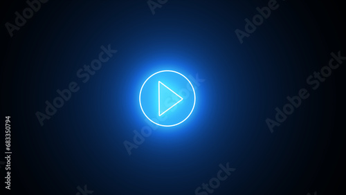 Glowing blue color play button on black background. Play right navigate triangle arrow start button. Neon glowing play button with neon circle