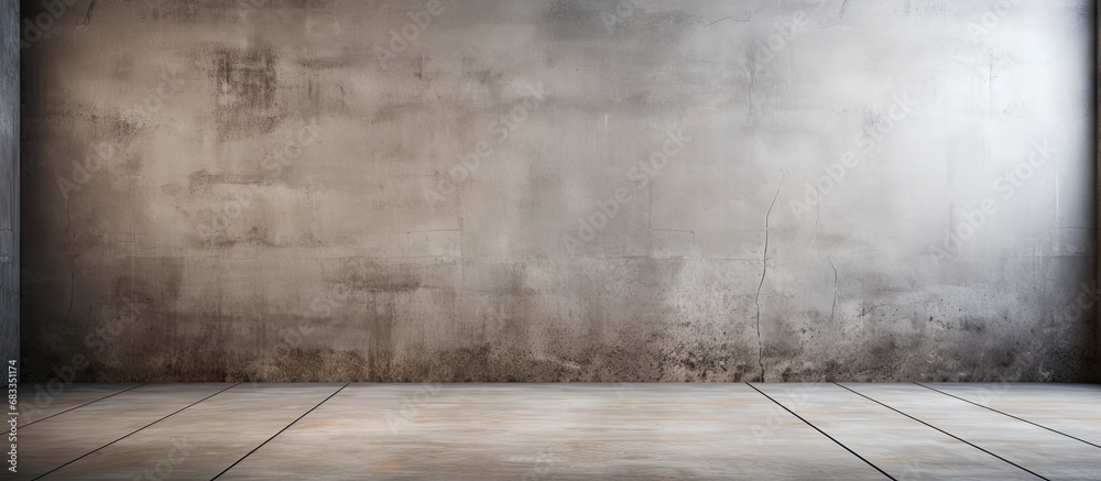 Empty gray cement wall studio background with rough floor perspective ...