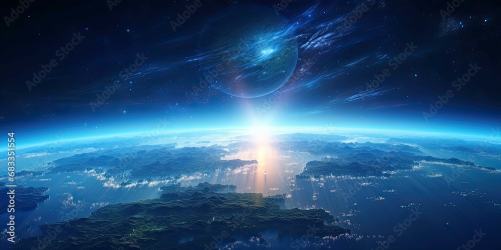 Panoramic view on planet Earth globe from space with rising sun