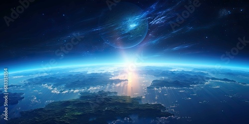 Panoramic view on planet Earth globe from space with rising sun