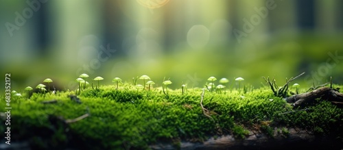 Bokeh forest background with moss and space for text