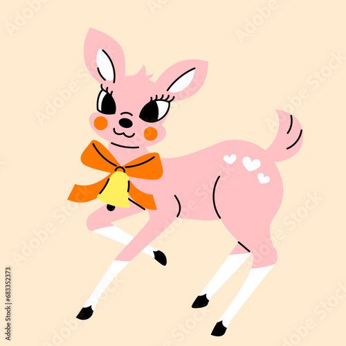 Cute pink fawn in 1950s retro style. Vintage Christmas deer postcard, invitation template. Hand drawn vector illustration. 