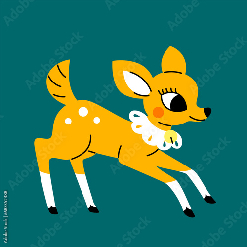 Cute yellow fawn in 1950s retro style. Vintage Christmas deer postcard, invitation template. Hand drawn vector illustration. 