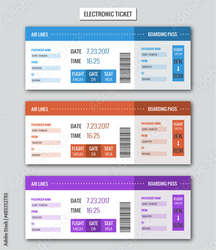Vector flat boarding pass tamplate design.with purple ,orange and sky blue colour.