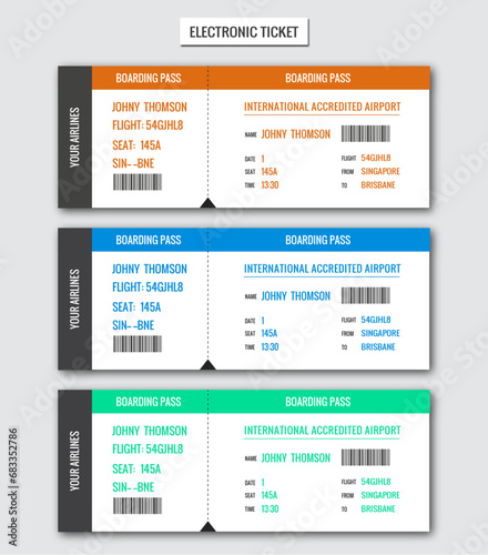 Vector realistic boarding pass composition with information about passenger ticket design tamplate.