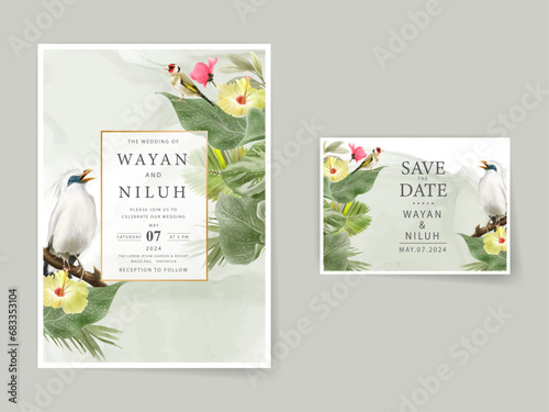 wedding invitation card template with exotic bali dancers watercolor illustration