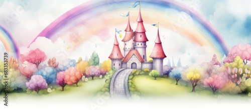 Enchanting watercolor illustration of a dreamy fairy tale landscape featuring a castle trees rainbows clouds and a cute seamless pattern