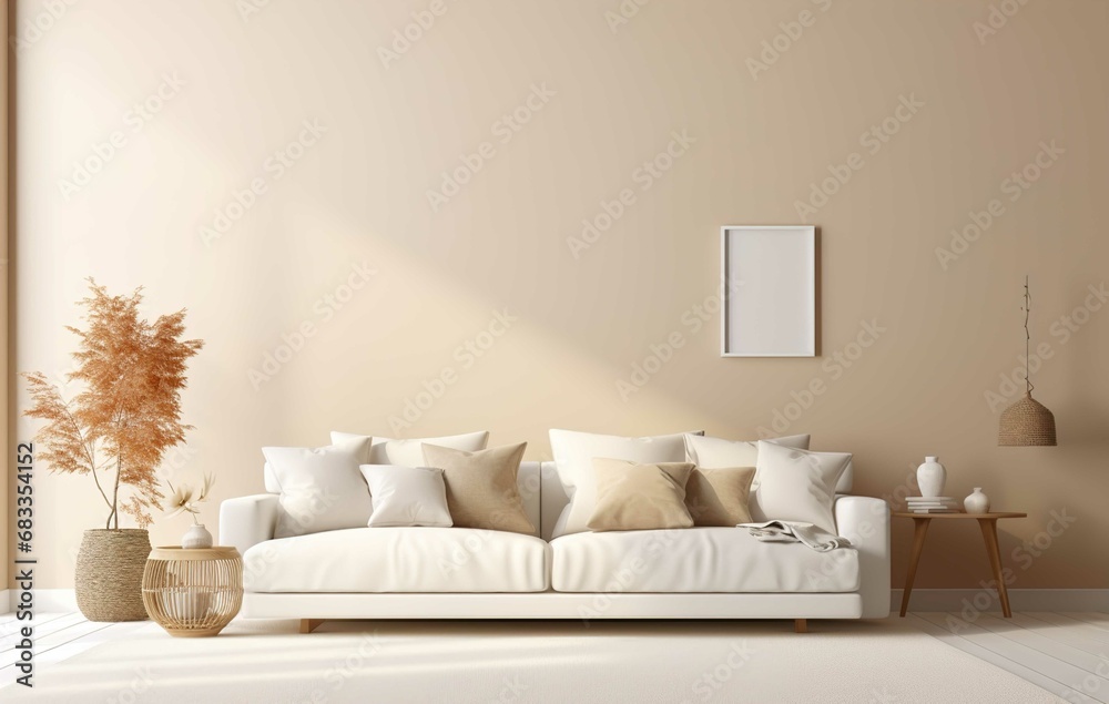 Cozy white sofa with pillows and blanket against window. Scandinavian, hygge home interior design of modern living room. Cozy white sofa with pillows and blanket against window. Scandinavian, hygge home interior design of modern living room.