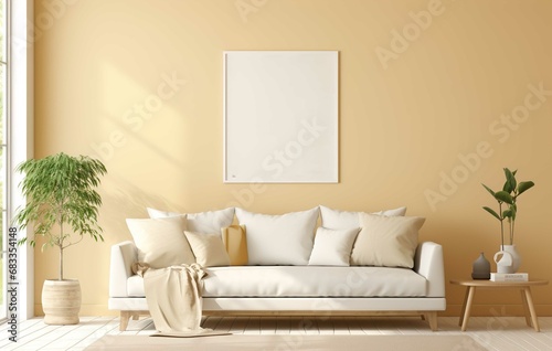 Cozy white sofa with pillows and blanket against window. Scandinavian, hygge home interior design of modern living room. 