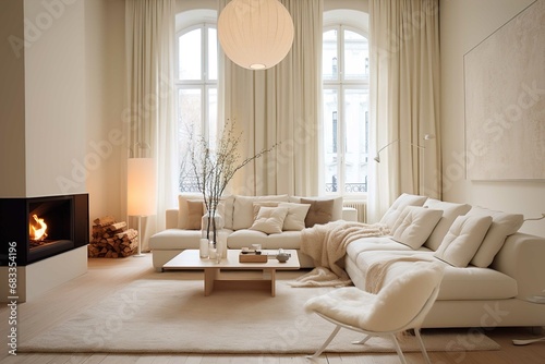 Cozy white sofa with pillows and blanket against window. Scandinavian, hygge home interior design of modern living room. 