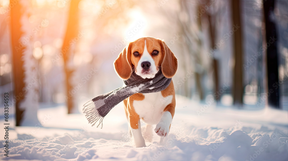 Young beagle dog with scarf runs through fresh snow on frosty sunny winter day. Walk with pet in city park. Copy space. Close-up.