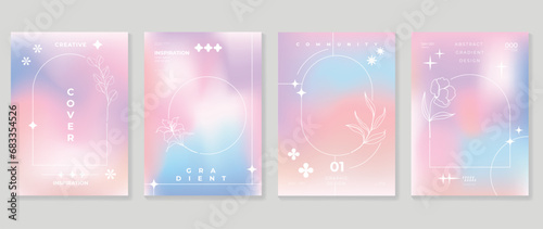 Aesthetic poster design set. Cute gradient holographic background vector with pastel colors, flower, geometric shape. Beauty ideal design for social media, cosmetic product, promote, banner, ads. photo