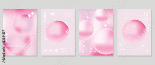 Aesthetic poster design set. Cute gradient holographic background vector with geometric shape, gradient mesh bubble. Beauty ideal design for social media, cosmetic product, promote, banner, ads.