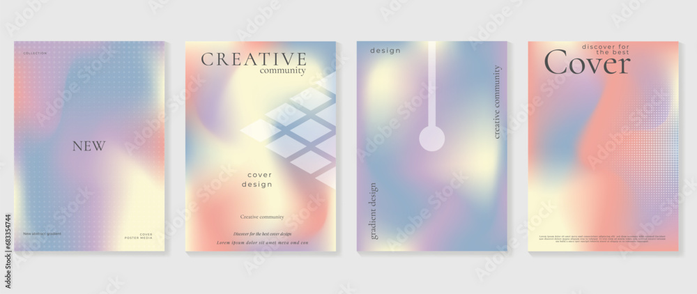 Aesthetic poster design set. Cute gradient holographic background vector with pastel colors, geometric shapes, halftone. Beauty ideal design for social media, cosmetic product, promote, banner, ads.