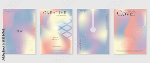 Aesthetic poster design set. Cute gradient holographic background vector with pastel colors, geometric shapes, halftone. Beauty ideal design for social media, cosmetic product, promote, banner, ads.