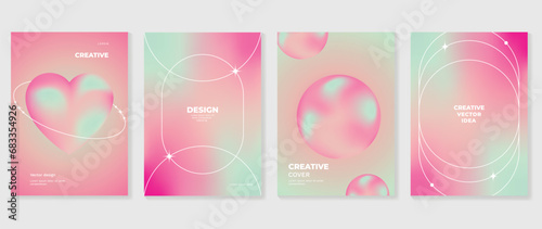Aesthetic poster design set. Cute gradient holographic background vector with geometric shape, gradient mesh heart, bubble. Beauty ideal design for social media, cosmetic product, promote, banner, ads