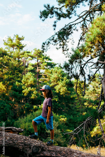 boy walks on top of a fallen tree in the forest. Children's leisure, a happy child climbs a tree and has fun.