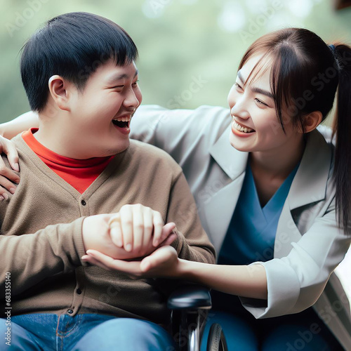 a scenario in which two individuals with intellectual disabilities share a joyful moment, highlighting the support and understanding they provide each other in their daily lives.