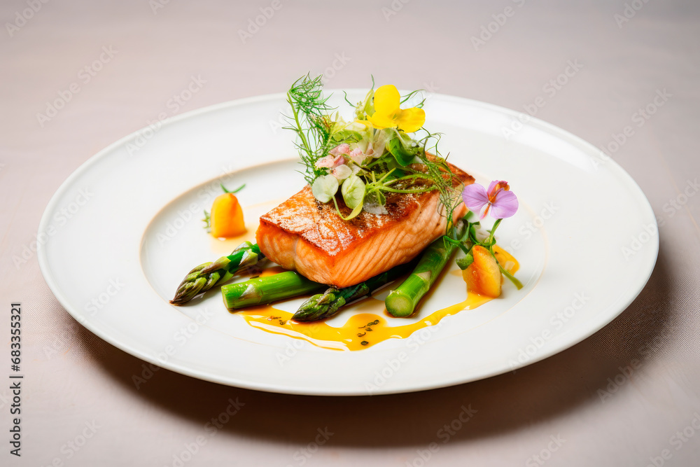 grilled salmon with asparagus on white plate isolated on white background grilled salmon with asparagus on white plate isolated on white background