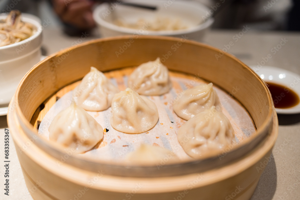 Chinese style steamed soup bun in restaurant Chinese style steamed soup bun in restaurant