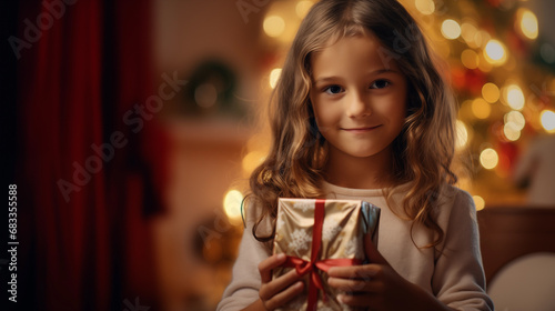 A girl child with curled hair is holding a Christmas present and is smiling