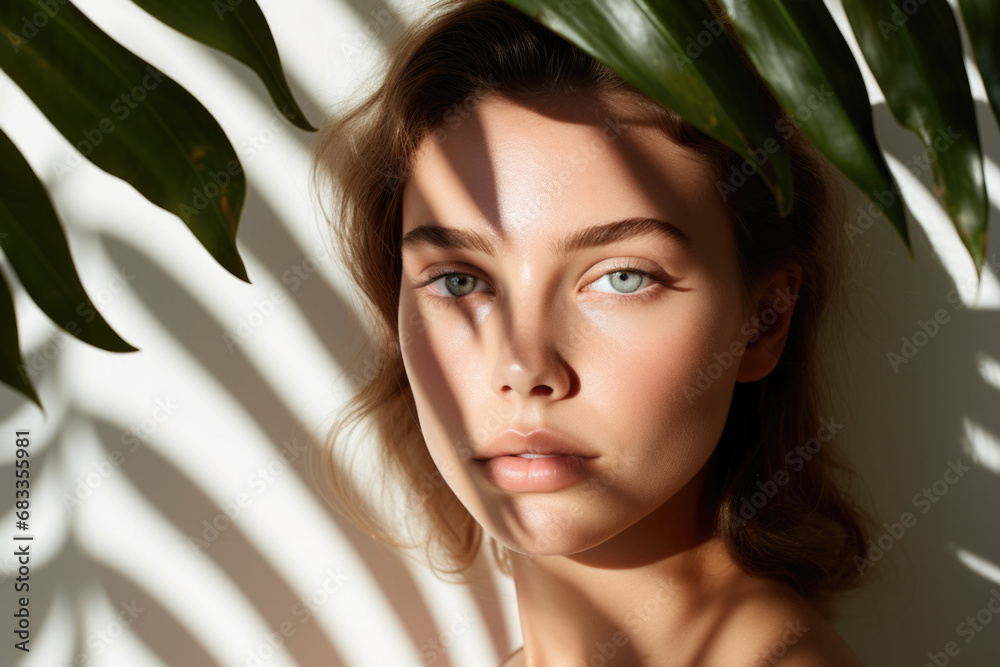 Naklejka premium Beautiful fashionable young woman portrait poses near white wall with palm leaf shadow.