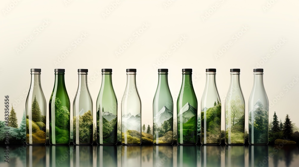 Glass bottles in different colors containing nature, showing landscape in transparency. Concept of recycling glass, saving and respecting the environment. Being aware of natural ressources. Nobody. - obrazy, fototapety, plakaty 
