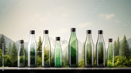 Glass bottles in different colors containing nature, showing landscape in transparency. Concept of recycling glass, saving and respecting the environment. Being aware of natural ressources. Nobody.