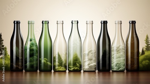 Glass bottles in different colors containing nature, showing landscape in transparency. Concept of recycling glass, saving and respecting the environment. Being aware of natural ressources. Nobody.